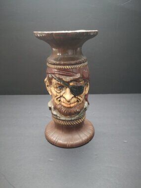 Vintage Handmade Ceramic Pillar Candle Holder Pirate Face Dark Brown 8.25"